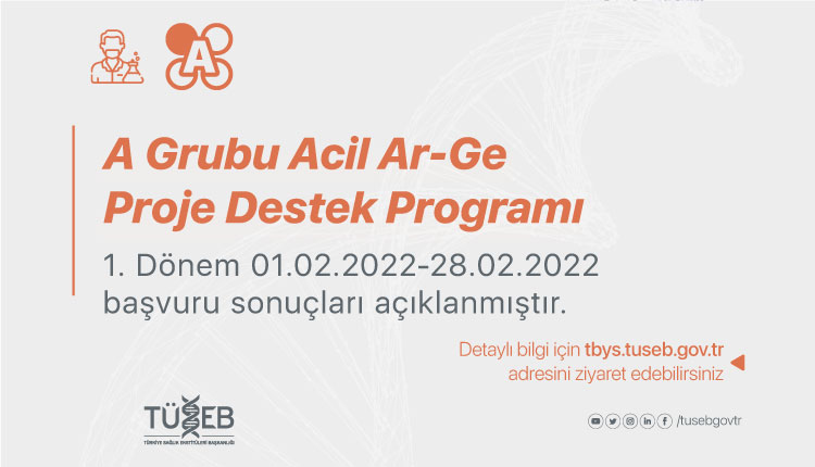 A Grubu Acil Ar-Ge Proje Destek Programı 1. Dönem 01.02.2022-28.02.2022 Tarihli Başvuru Sonuçları