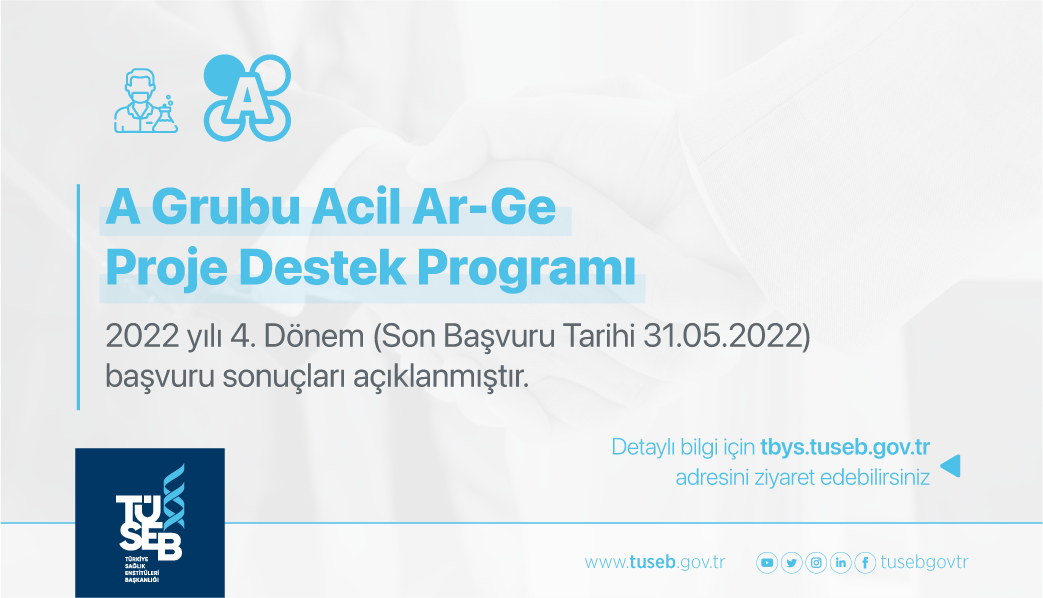 A Grubu Acil Ar-Ge Proje Destek Programı 2022 yılı 4. Dönem (Son Başvuru Tarihi 31.05.2022) Başvuru Sonuçları