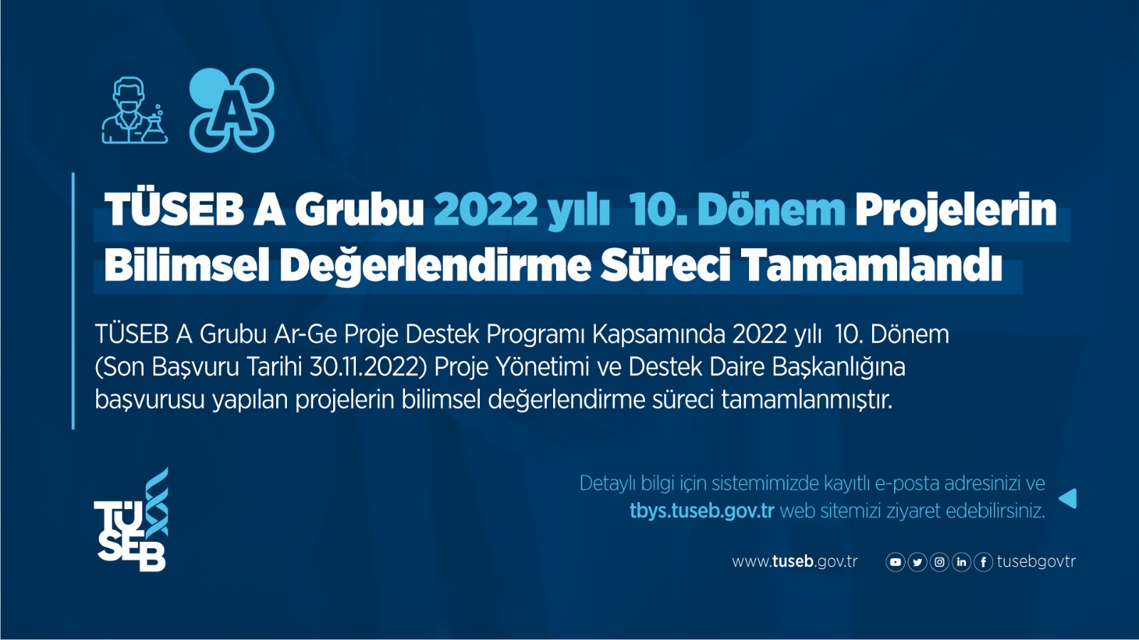 TÜSEB A Grubu 2022 Yılı 10. Dönem Projelerin Bilimsel Değerlendirme Süreci Tamamlandı