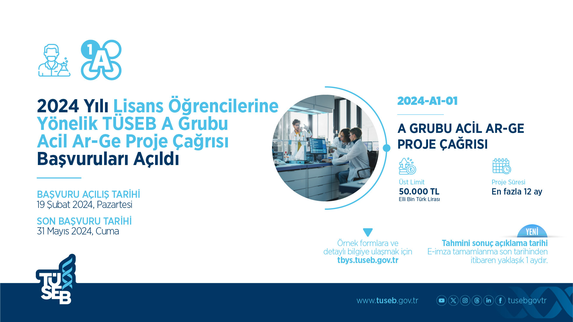 2024 Yılı TÜSEB A Grubu Acil Ar-Ge Proje Çağrıları Kapsamında A1-01 Projeleri Başvuruya Açıldı