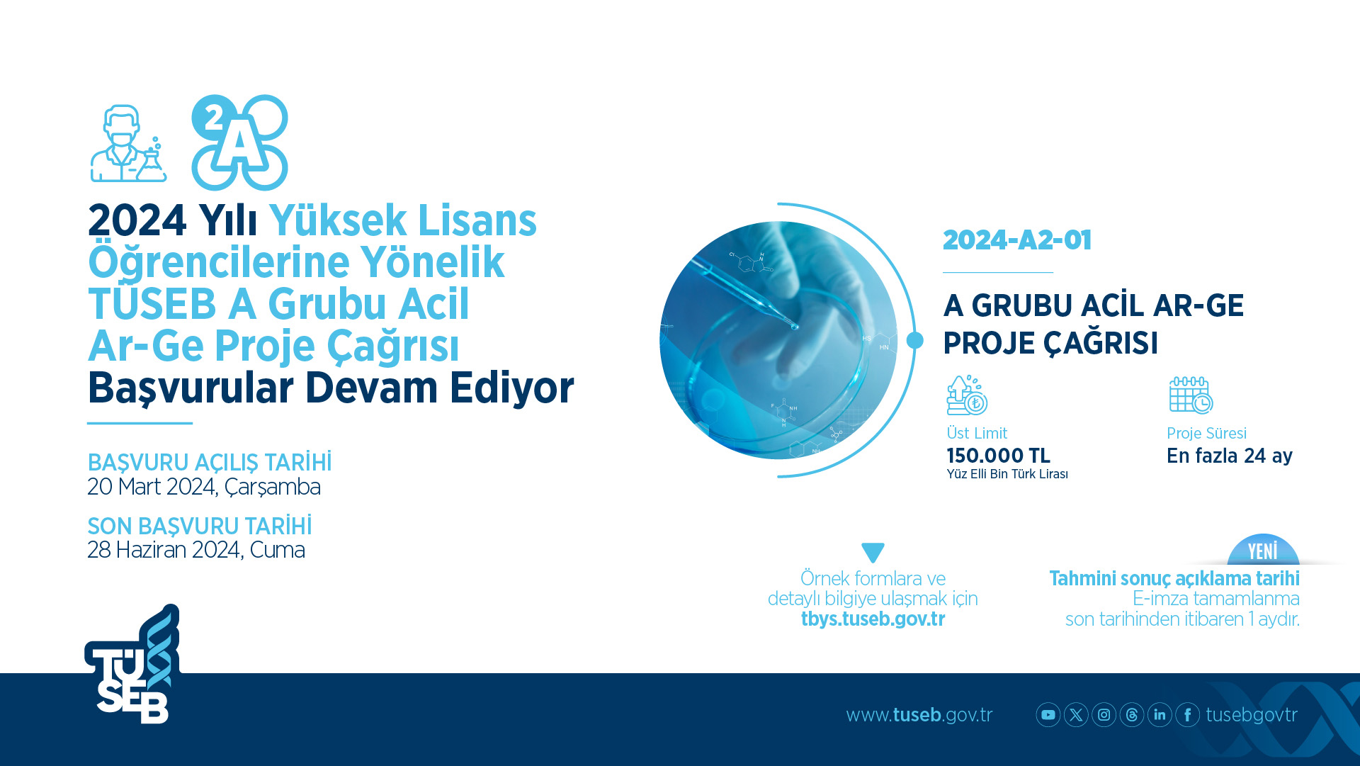 2024 Yılı TÜSEB A Grubu Acil Ar-Ge Proje Çağrısı Kapsamında A2-01 Projeleri Başvuruları Devam Ediyor