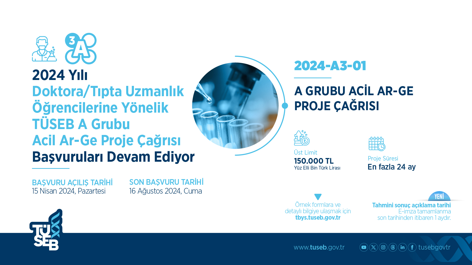 2024 Yılı TÜSEB A Grubu Acil Ar-Ge Proje Çağrısı Kapsamında A3-01 Projelerinin Başvuruları Devam Ediyor