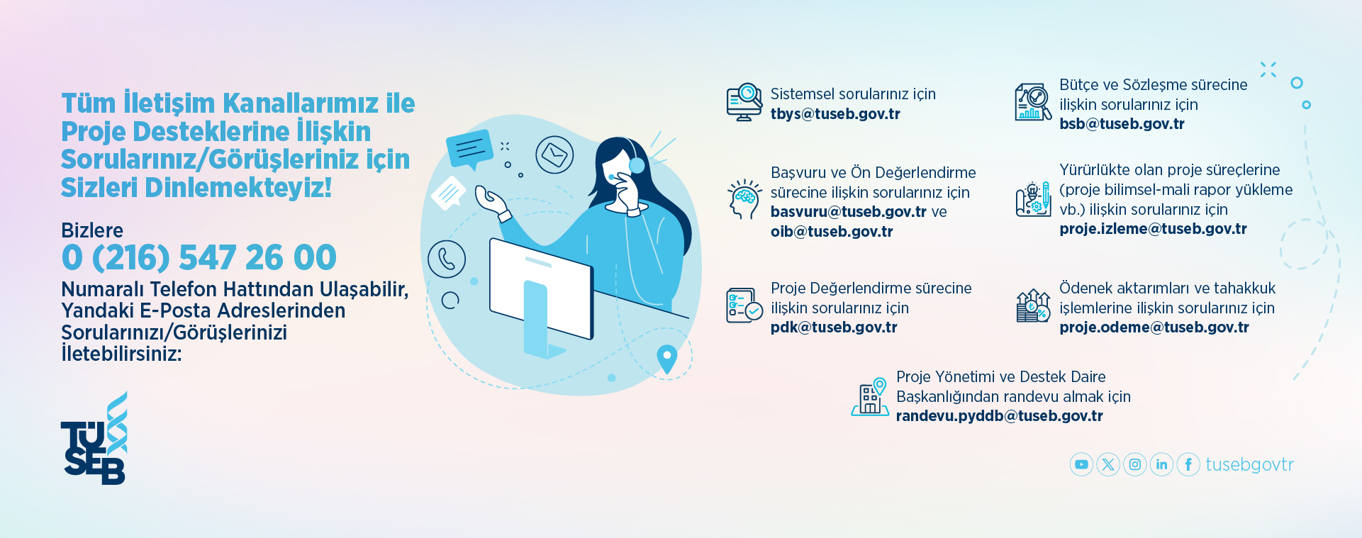 Tüm İletişim Kanallarımız İle Proje Desteklerine İlişkin Sorularınız/Görüşleriniz İçin Sizleri Dinlemekteyiz!