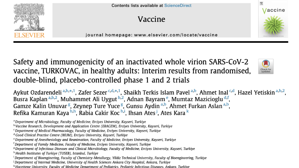 Safety and immunogenicity of an inactivated whole virion SARS-CoV-2 vaccine, TURKOVAC, inhealthy adults: Interim results from randomised, double-blind, placebo-controlled phase 1 and 2 trials