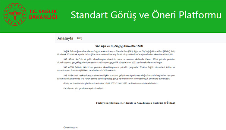 Accreditation Standards in Health – on Opinion and Suggestion Platform of Oral and Dental Health Services Set