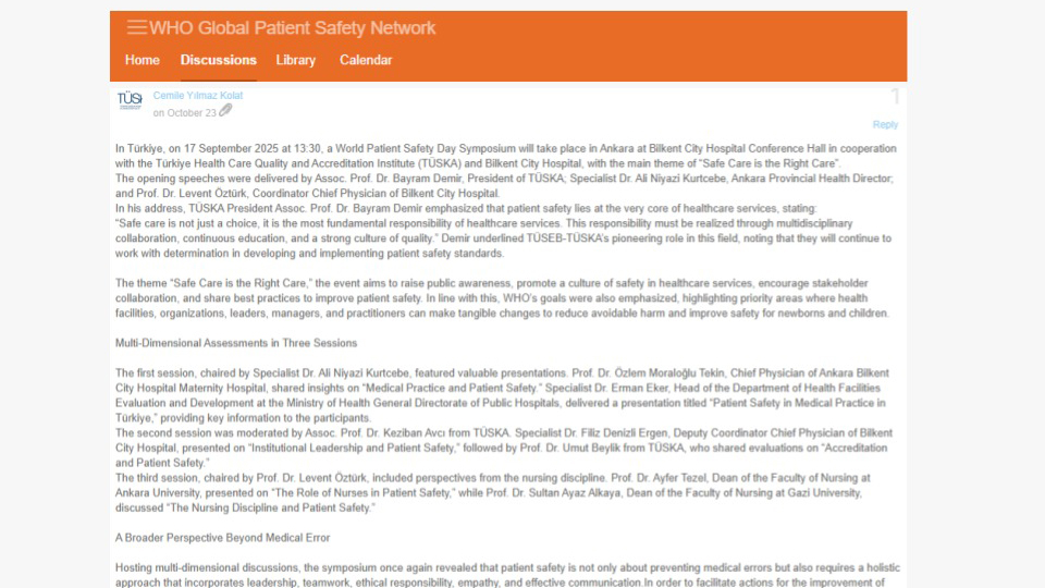 TÜSKA’nın Dünya Hasta Güvenliği Günü Etkinliği, Dünya Sağlık Örgütü (WHO) Global Patient Safety Network Platformunda Yayınlandı
